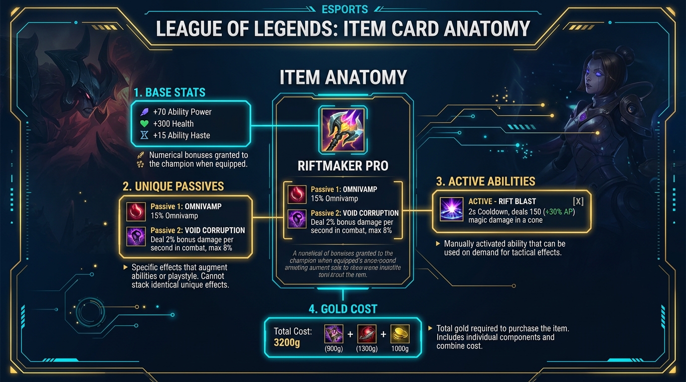 Schéma expliquant l'anatomie d'une fiche d'objet dans League of Legends : stats de base, passifs uniques, capacités actives et coût en or