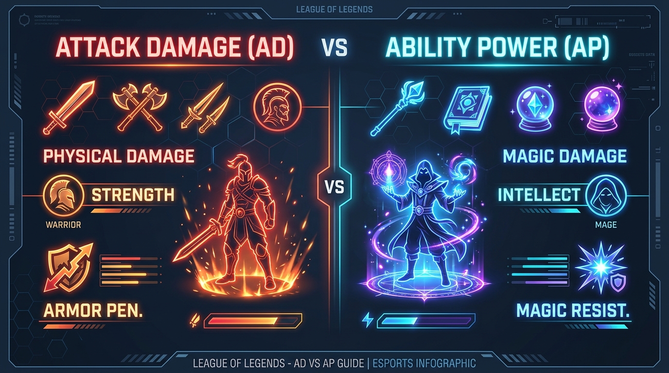 Infographie comparative League of Legends : Attack Damage AD vs Ability Power AP avec Armure et Résistance Magique