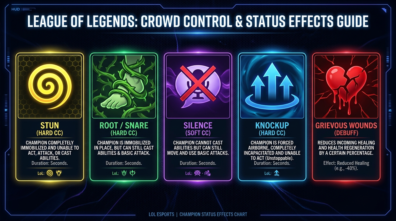 Tableau visuel des altérations d'état dans League of Legends : Stun, Root, Silence, Knockup et Grievous Wounds